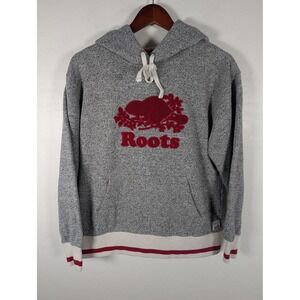 Roots Hoodie Mens Small Gray Cabin Beaver Logo Pullover Fleece Sweatshirt